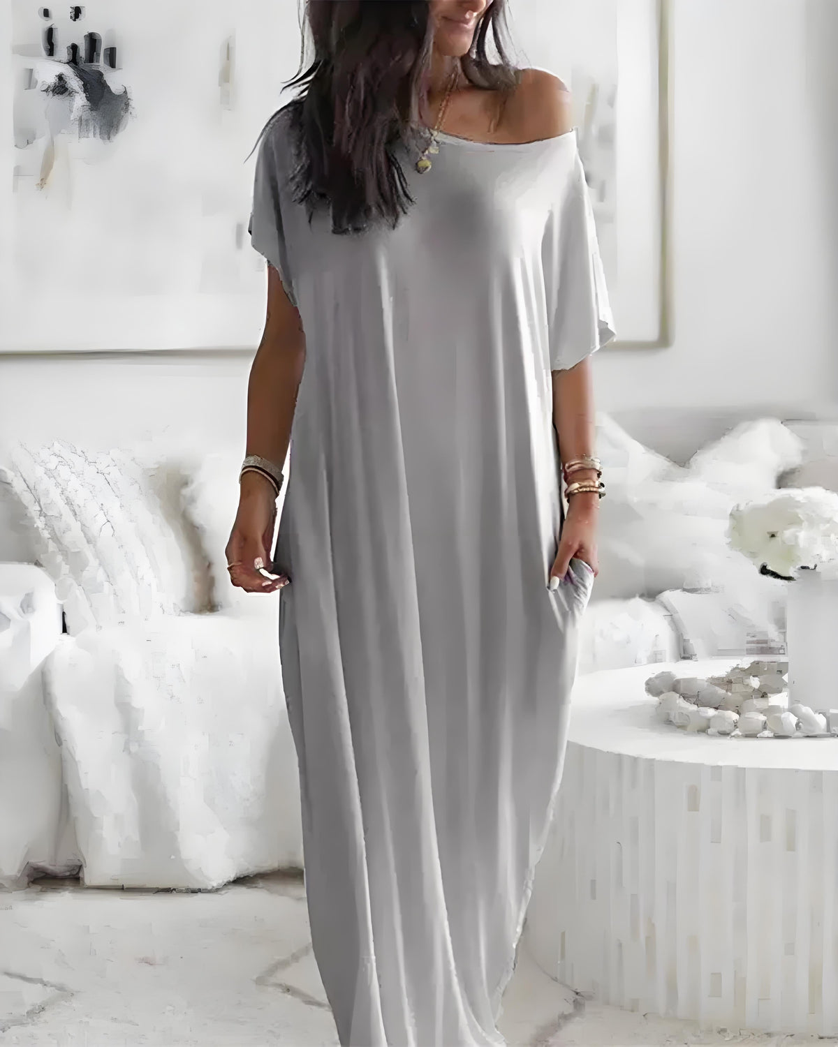 Off-Shoulder Batwing Sleeve Maxi Lounge Dress